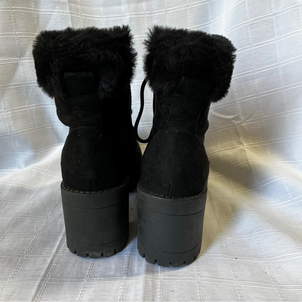 Top Moda Black Combat Style Chunky Heel Lace-Up Ankle Boots Faux Fur Women's 6.5 - Picture 4 of 11